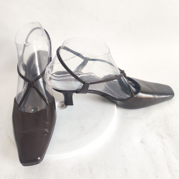 90s Y2K Life Stride Heels 8 Narrow Brown Pointy Square Toe Slingback Leather - Picture 1 of 12